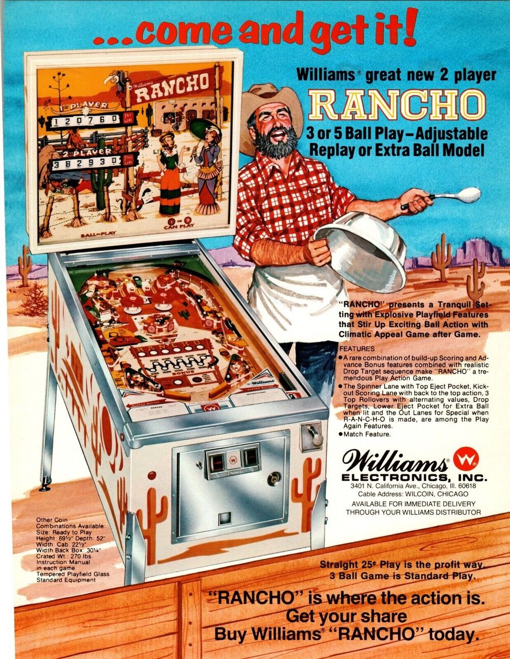 Rancho Pinball Machine Flyer 1977 Original Retro Game Artwork Western Ranch